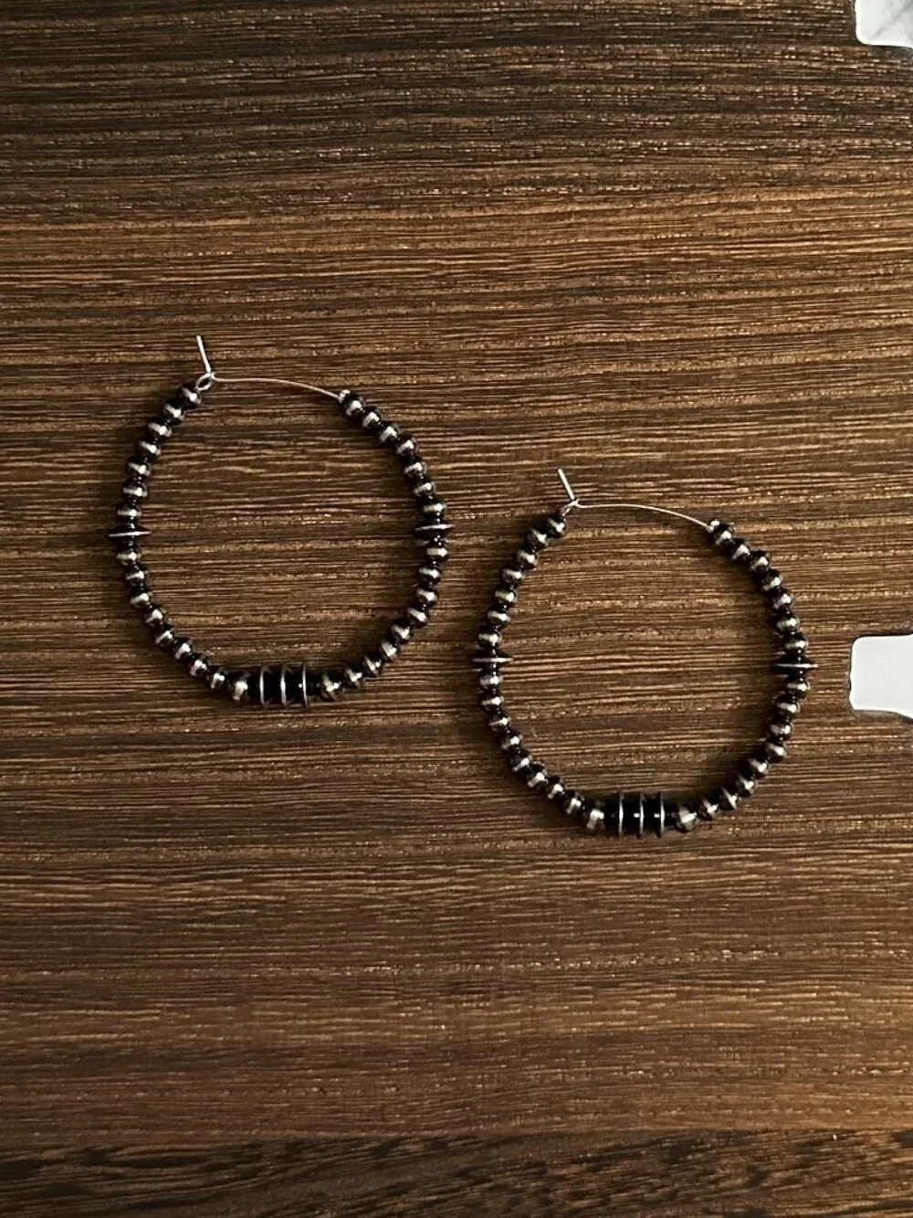 Handmade Triple Saucer Brushed Steel Western Pearl Hoop Earrings